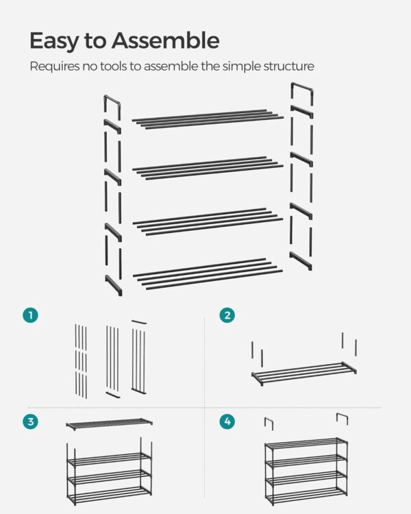 SONGMICS Suport pentru pantofi cu 4 nivele, structura metalica, pentru 16-20 perechi, 92x30x74 cm, negru - Image 5