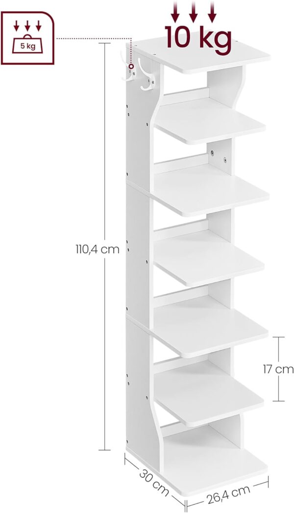 VASAGLE Raft de pantofi, pentru spatii inguste, 6 nivele, 30x26x110 cm, alb - Image 5