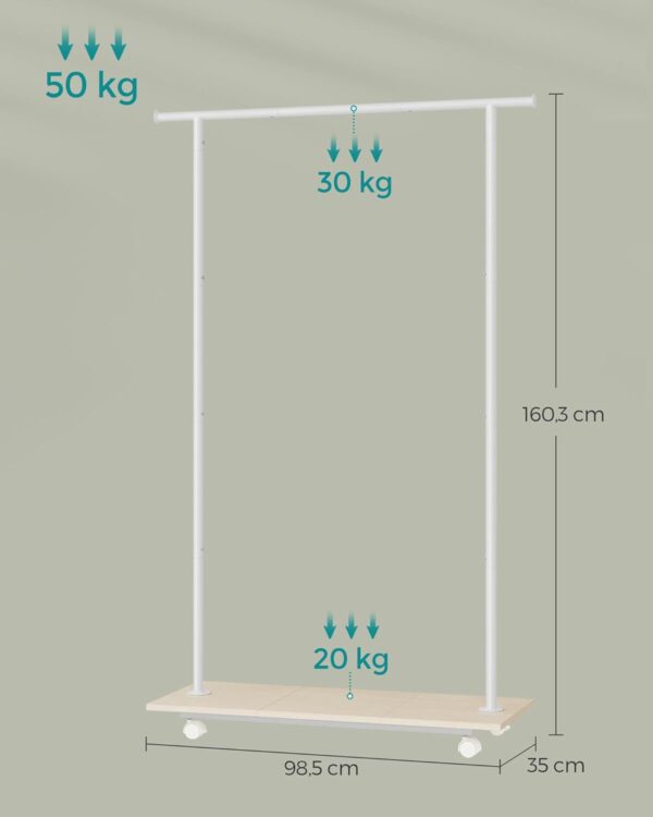 SONGMICS Ruhatartó függesztősínnel és alsó polccal, kerekeken, 35x99x160 cm, fehér - Image 5