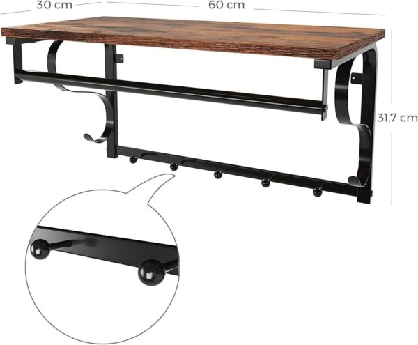 VASAGLE Cuier de perete cu raft de depozitare si sina, 5 carlige, 30x60x32 cm, maro rustic - Image 5