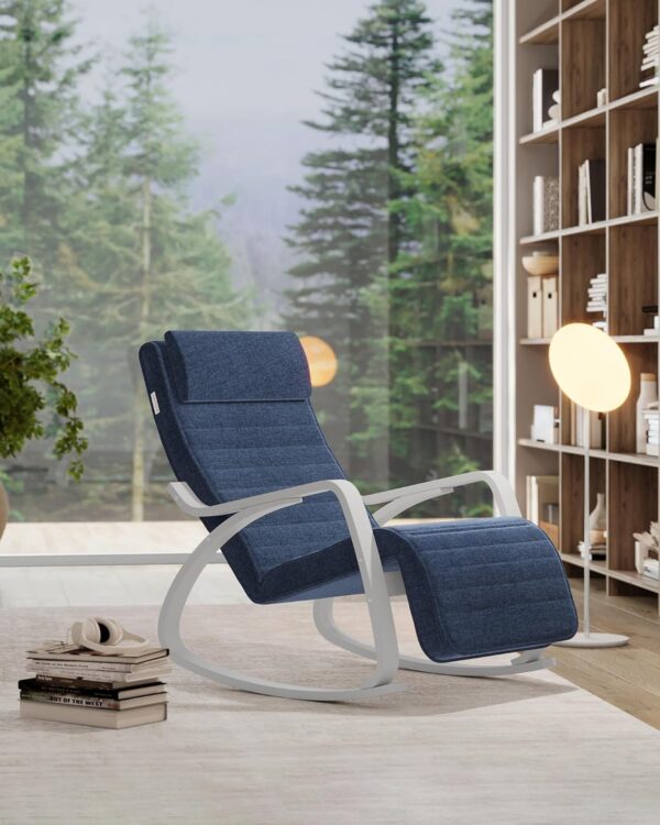 SONGMICS Scaun balansoar din lemn, suport picioare reglabil, maxim 150kg, 67x122x84 cm, albastru - Image 5