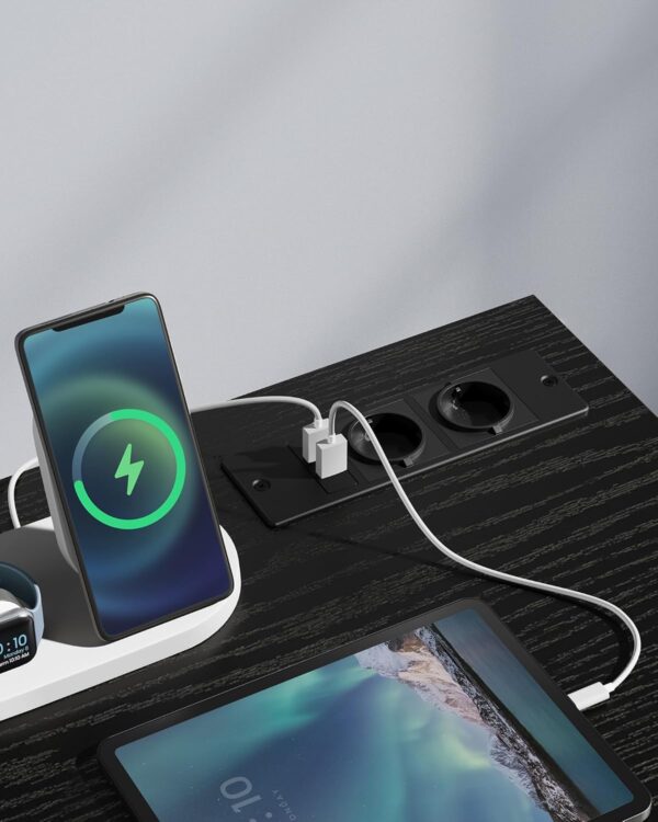VASAGLE Íróasztal LED világítással, beépített aljzat, 2 USB, 50x100x76 cm, fekete - Image 3