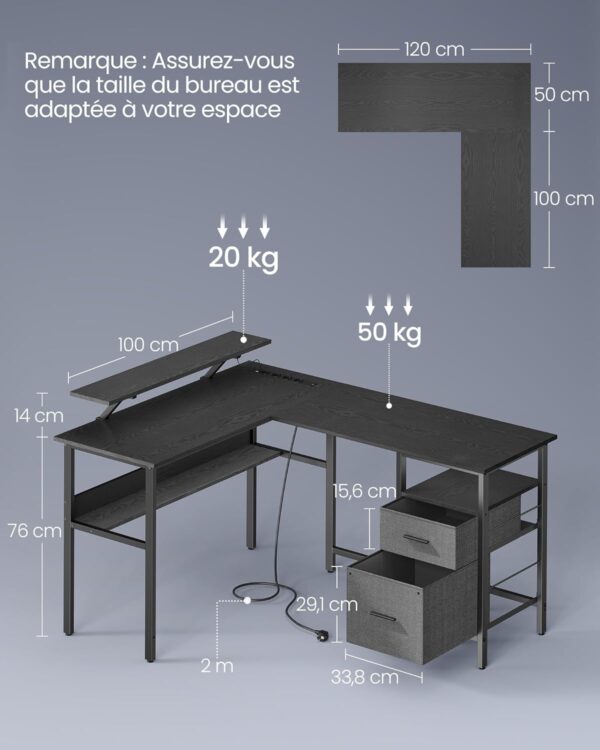 VASAGLE Birou in forma de L, suport monitor, raft si 2 sertare, 4 prize si 2 USB, 120x150x76 cm, negru - Image 5