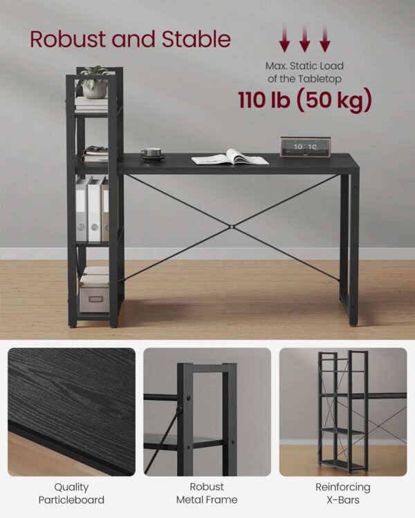 VASAGLE Íróasztal oldalsó polccal, jobbra vagy balra szerelhető, ipari, 60x132x119 cm, fekete - Image 5