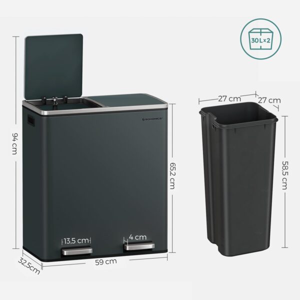 SONGMICS Rozsdamentes szemetes 2 rekeszes szelektív gyűjtéssel, belső vödrökkel, 2x30 literes, sötétszürke - Image 4