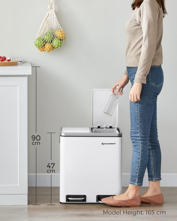 SONGMICS Cos de gunoi din inox cu 2 compartimente colectare selectiva, cu galeti interioare, 2x15litri, alb - Image 4