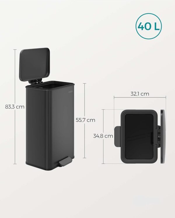 SONGMICS Cos de gunoi din otel, cu pedala si soft-close, saci gunoi inclusi, 40 litri, negru - Image 5