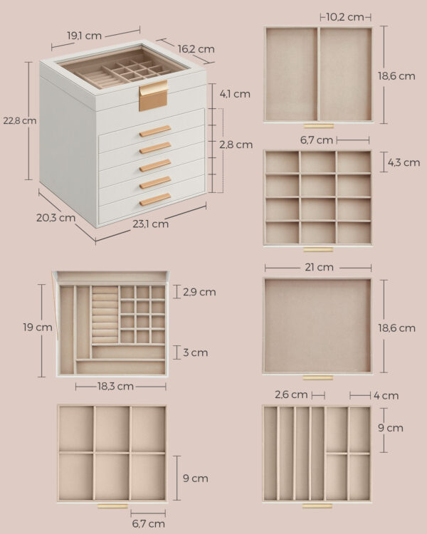 RESIGILAT: SONGMICS Cutie de bijuterii cu 6 nivele, 45 compartimente, capac sticla, 20x23x23 cm, alb - Image 7