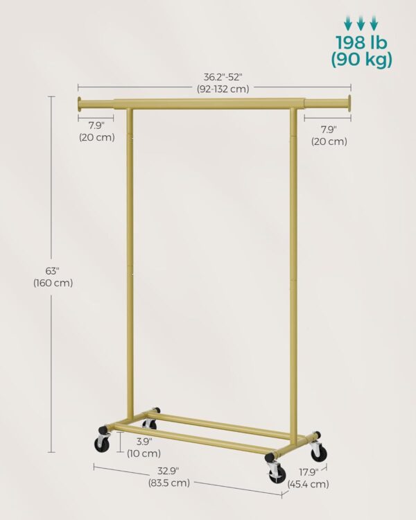 SONGMICS Suport pentru haine cu sina superioara extensibila, pe roti, reglabil pe latime, 45x(92-132)x160cm, auriu - Image 5