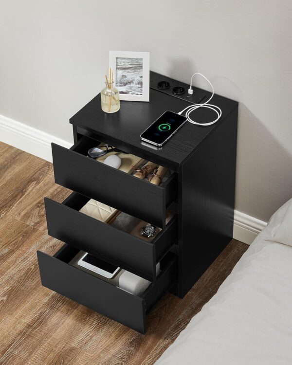VASAGLE Set de 2 noptiere, cu sertare, 2 prize si 2 USB, 35x40x59 cm, negru - Image 5