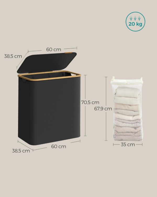 SONGMICS Textil szennyes kosár, összecsukható, 3 kivehető rekesszel, 150L, ​​60x39x71 cm, fekete - Image 6