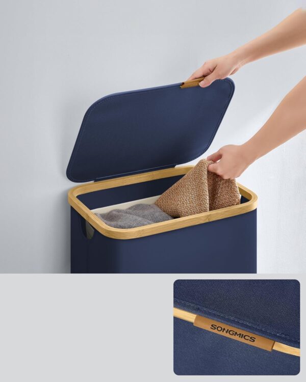 SONGMICS Textil szennyeskosár, összecsukható, kivehető rekesszel, 90L, 42x32x71 cm, kék - Image 5