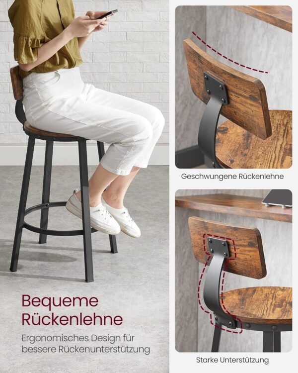 VASAGLE Set de 2 scaune de bar inalte cu spatar, cadru din otel, industrial, 51x89cm, maro rustic - Image 6