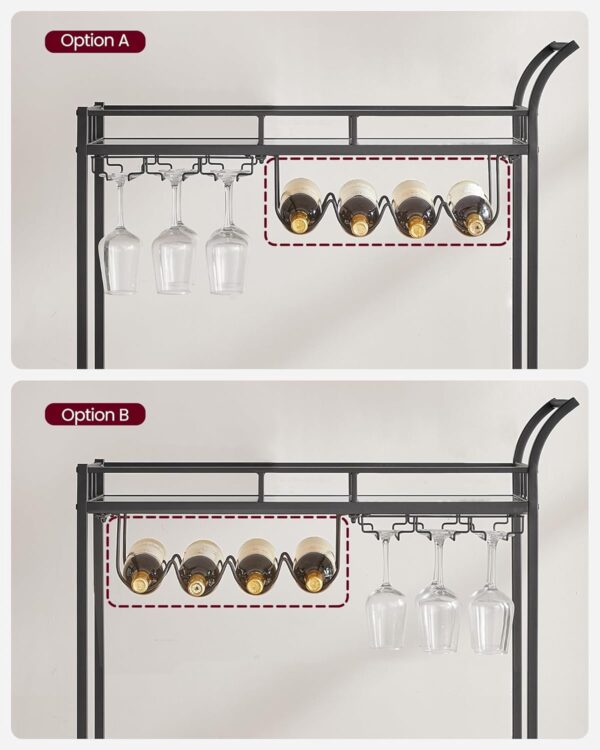 VASAGLE Carucior de servire pentru vin, suport sticle si pahare, cu 2 rafturi din sticla, 38x86x90 cm, negru - Image 5