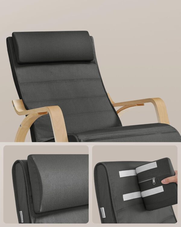 SONGMICS Scaun balansoar din lemn, suport picioare reglabil, maxim 150kg, 67x122x84 cm, gri inchis - Image 6