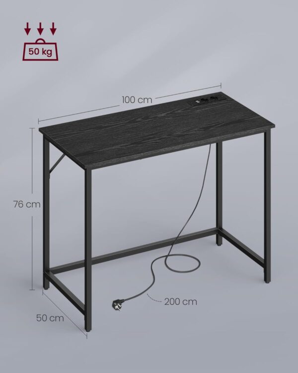 VASAGLE Íróasztal LED világítással, beépített aljzat, 2 USB, 50x100x76 cm, fekete - Image 4