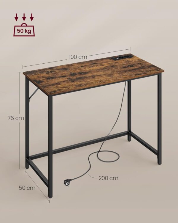VASAGLE Birou cu iluminare LED, priza incorporata, 2 USB, 50x100x76 cm, maro rustic - Image 5