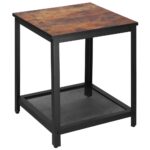 Négyzet alakú dohányzóasztal, éjjeliszekrény acél kerettel és tárolópolccal, 45x45x55 cm, rusztikus barna