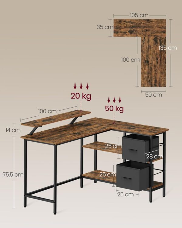VASAGLE Birou in forma de L, suport monitor, 2 rafturi si 2 sertare, 105x135x76 cm, maro rustic - Image 6