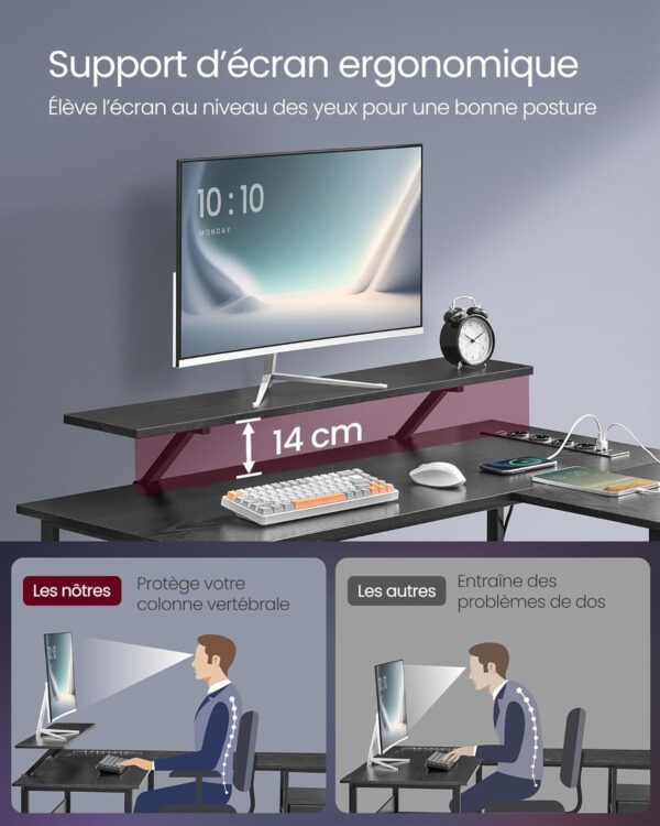 VASAGLE Birou in forma de L, suport monitor, raft si 2 sertare, 4 prize si 2 USB, 120x150x76 cm, negru - Image 6