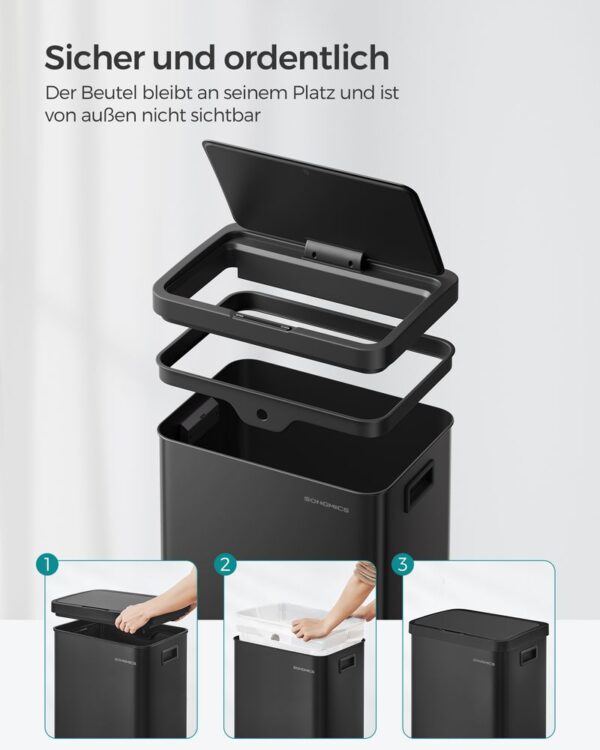 SONGMICS Cos de gunoi din inox, cu senzor si soft-close, 68 litri, 41x30x67 cm, negru - Image 6