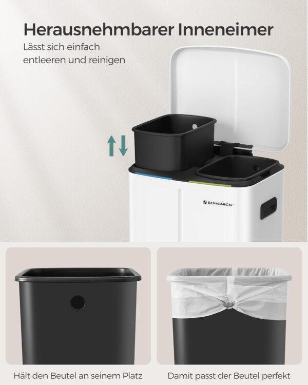 SONGMICS Cos de gunoi din inox cu 2 galeti interioare, colectare selectiva, 2x20 litri, alb - Image 6
