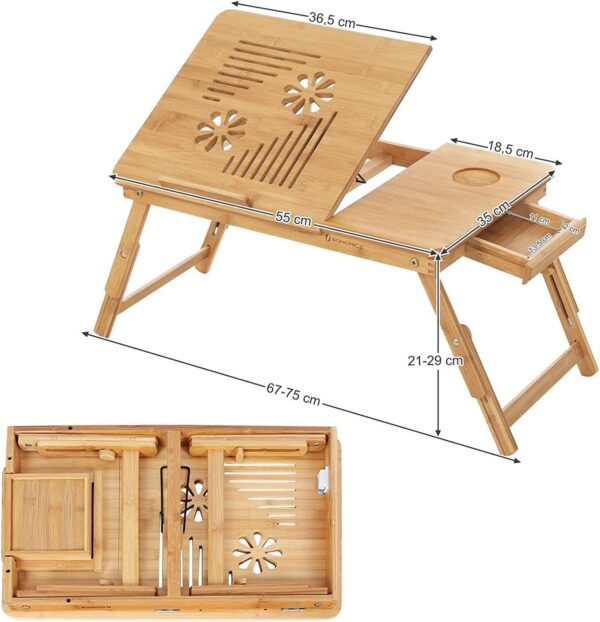 SONGMICS Masa de pat pentru laptop, plabila si reglabila, bambus, 55x35x29 cm, maro - Image 6