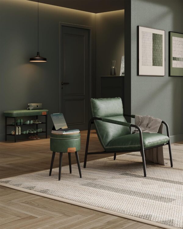 VASAGLE Taburet cu spatiu de depozitare, tapitat PU, cu 2 fete, diametru 32 cm, verde - Image 6