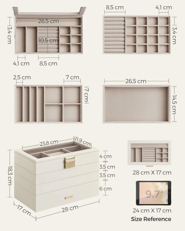 SONGMICS Cutie de bijuterii cu 4 nivele detasabile, MDF si PU, capac sticla, 17x28x18 cm, alb - Image 4