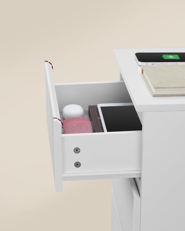 VASAGLE Set de 2 noptiere, cu sertare, 2 prize si 2 USB, 35x40x59 cm, alb - Image 6