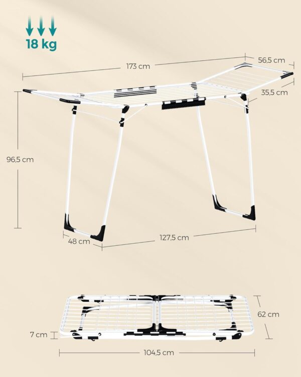 SONGMICS Összecsukható ruhaszárító, 18 méteres ruhaszárító kapacitás, 57x173x97 cm, fehér - Image 6