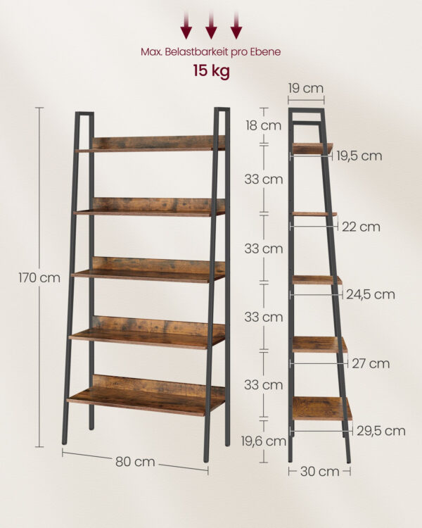 VASAGLE Létras típusú könyvtár, 5 polcos acélvázas, ipari stílusú, 80x30x170 cm, barna - Image 5