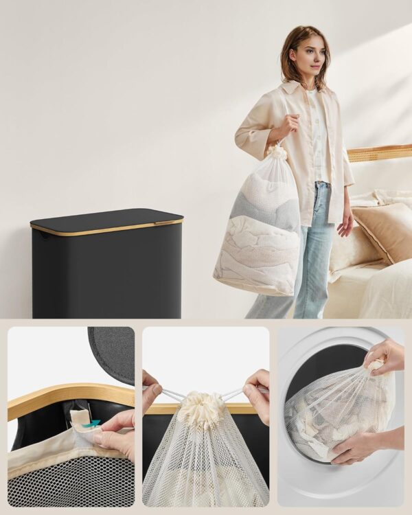 SONGMICS Textil szennyes kosár, összecsukható, 3 kivehető rekesszel, 150L, ​​60x39x71 cm, fekete - Image 7