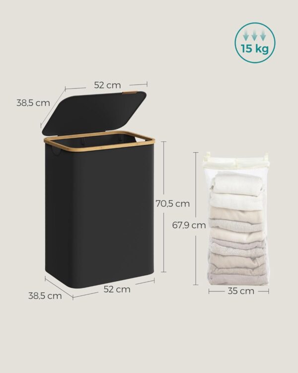 SONGMICS Textil szennyeskosár, összecsukható, 2 kivehető rekesszel, 130L, 52x39x71 cm, fekete - Image 6
