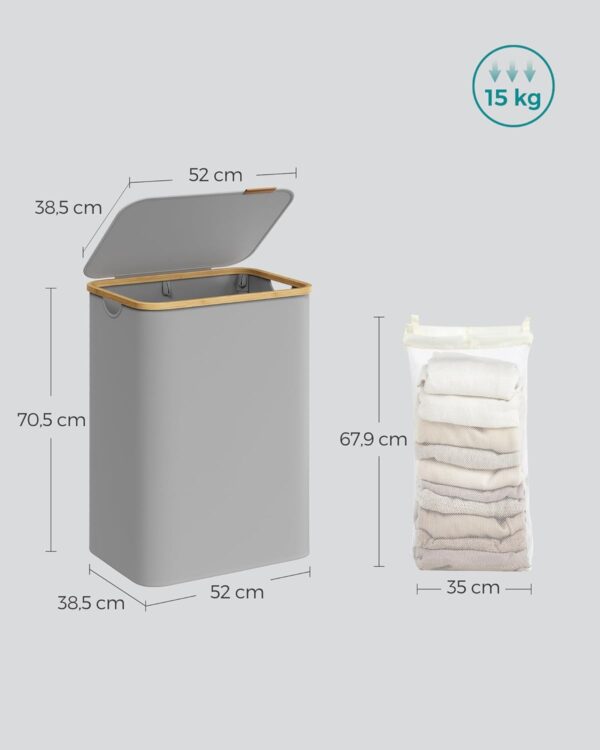 SONGMICS Textil szennyeskosár, összecsukható, 2 kivehető rekesszel, 130L, 52x39x71 cm, szürke - Image 7