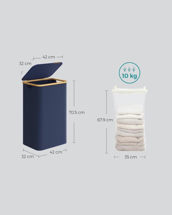 SONGMICS Textil szennyeskosár, összecsukható, kivehető rekesszel, 90L, 42x32x71 cm, kék - Image 6