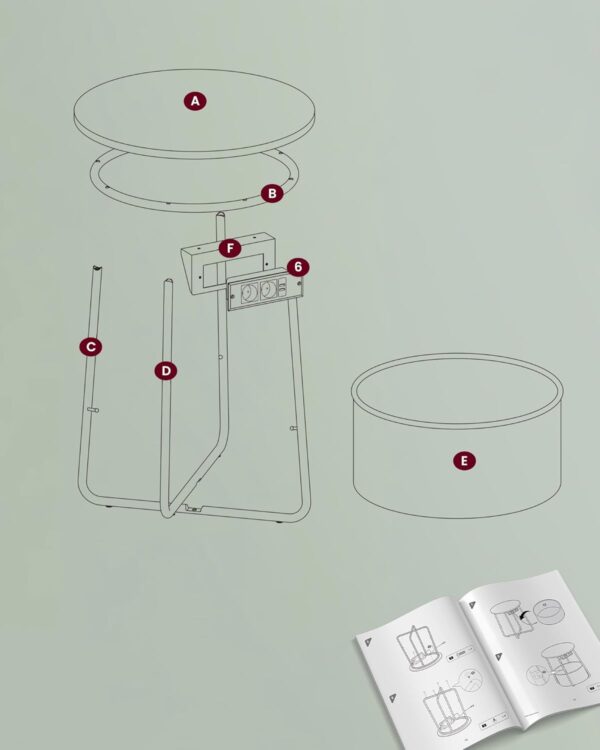 VASAGLE Kerek dohányzóasztal szövetkosárral, töltőállomással 2 aljzattal és 2 USB-vel, 45x50cm, krémzöld - Image 6