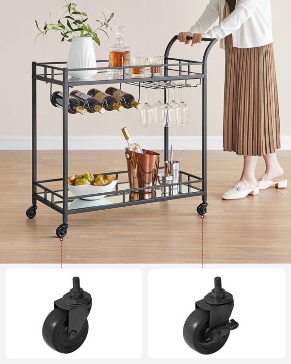 VASAGLE Carucior de servire pentru vin, suport sticle si pahare, cu 2 rafturi din sticla, 38x86x90 cm, negru - Image 6