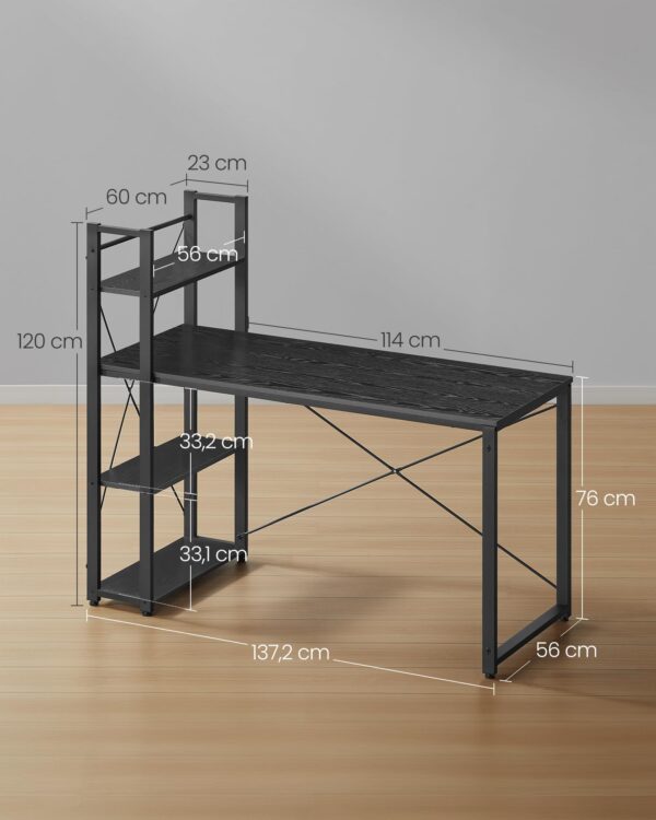 VASAGLE Íróasztal oldalsó polccal, jobbra vagy balra szerelhető, ipari, 60x132x119 cm, fekete - Image 7
