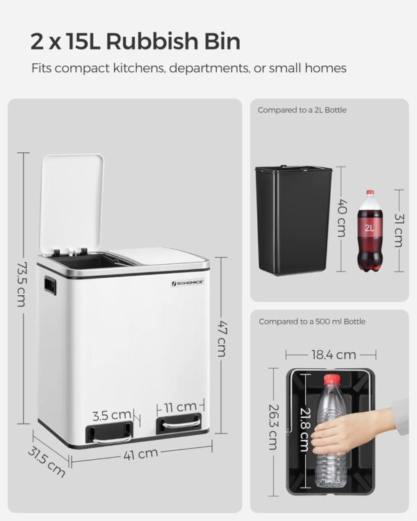 SONGMICS Cos de gunoi din inox cu 2 compartimente colectare selectiva, cu galeti interioare, 2x15litri, alb - Image 6