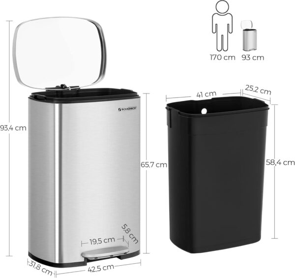 SONGMICS Acél szemetes, pedállal és soft-close, belső vödör, 50 liter, ezüst - Image 7