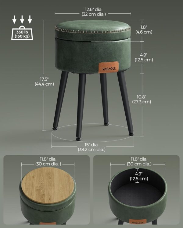 VASAGLE Taburet cu spatiu de depozitare, tapitat PU, cu 2 fete, diametru 32 cm, verde - Image 7