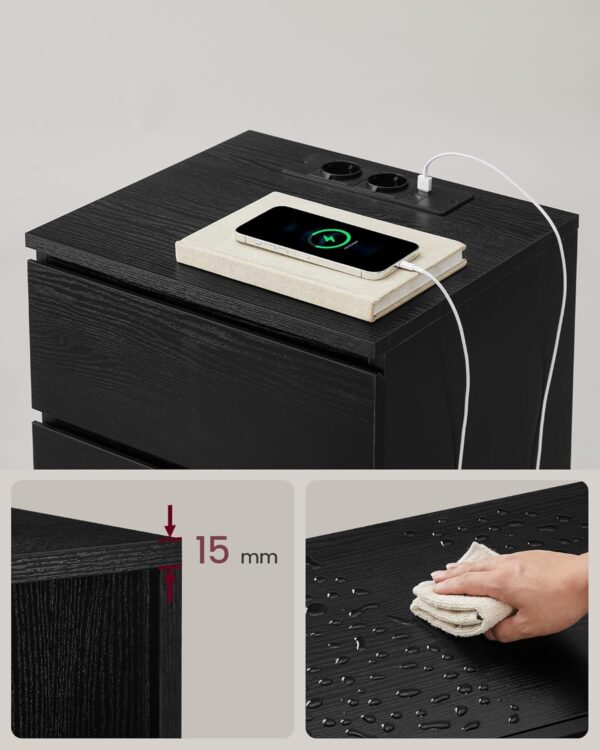 VASAGLE Set de 2 noptiere, cu sertare, 2 prize si 2 USB, 35x40x59 cm, negru - Image 7