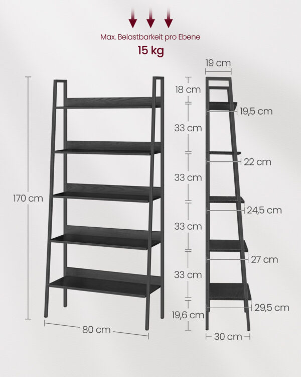 VASAGLE Létras típusú könyvespolc, acél keret 5 polccal, ipari stílusú, 80x30x170 cm, fekete - Image 7