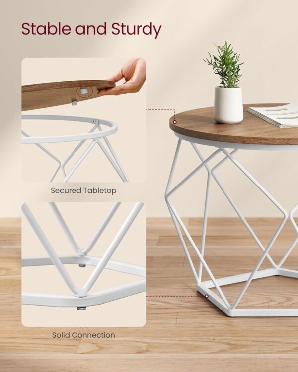 VASAGLE 2 db kerek dohányzóasztal készlet, acél vázzal és levehető tetővel, 40 cm és 50 cm, fehér és barna - Image 7
