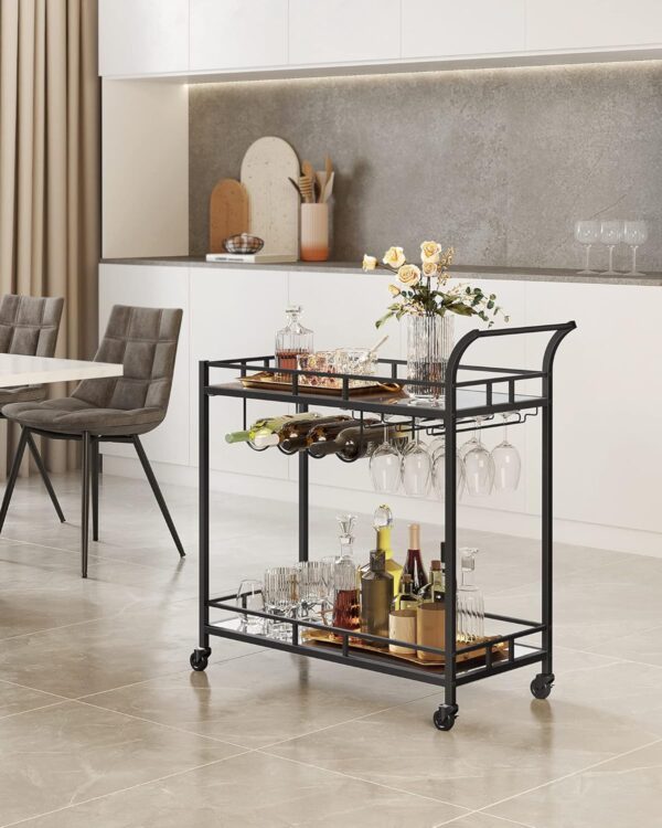 VASAGLE Carucior de servire pentru vin, suport sticle si pahare, cu 2 rafturi din sticla, 38x86x90 cm, negru - Image 9