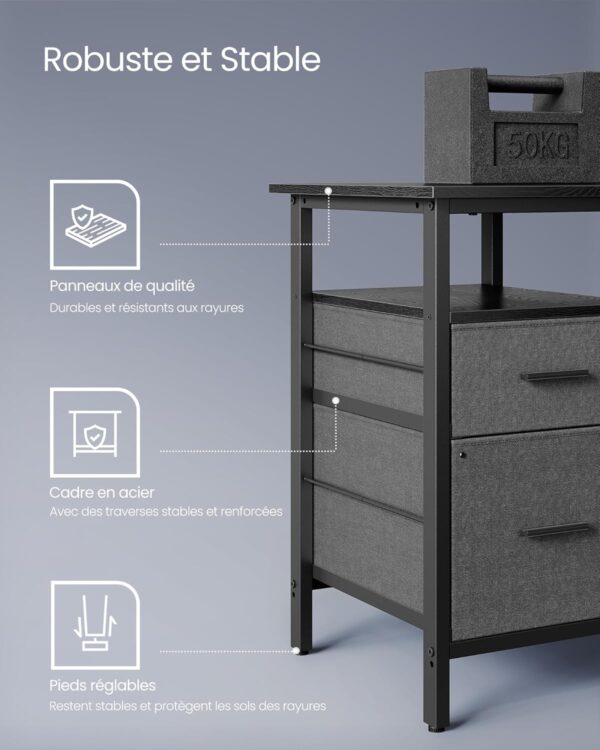 VASAGLE Birou in forma de L, suport monitor, raft si 2 sertare, 4 prize si 2 USB, 120x150x76 cm, negru - Image 8