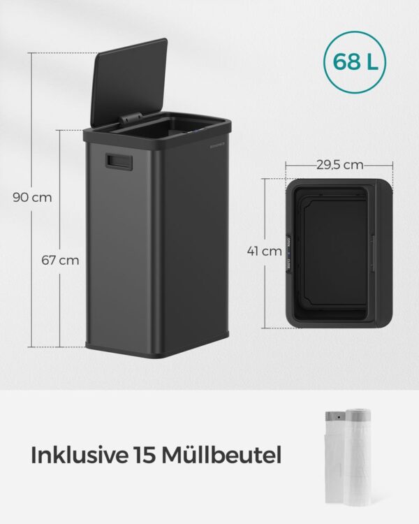 SONGMICS Cos de gunoi din inox, cu senzor si soft-close, 68 litri, 41x30x67 cm, negru - Image 8