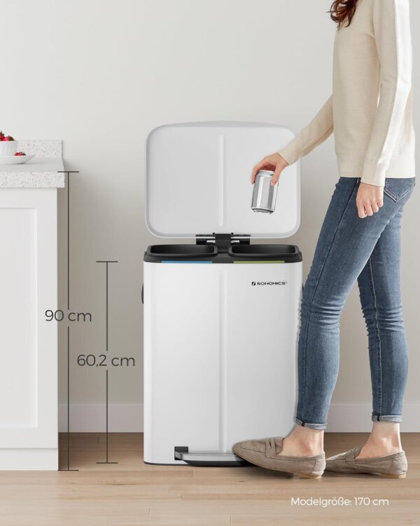 SONGMICS Cos de gunoi din inox cu 2 galeti interioare, colectare selectiva, 2x20 litri, alb - Image 8