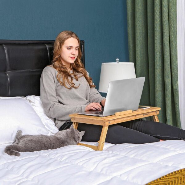 SONGMICS Masa de pat pentru laptop, plabila si reglabila, bambus, 55x35x29 cm, maro - Image 8